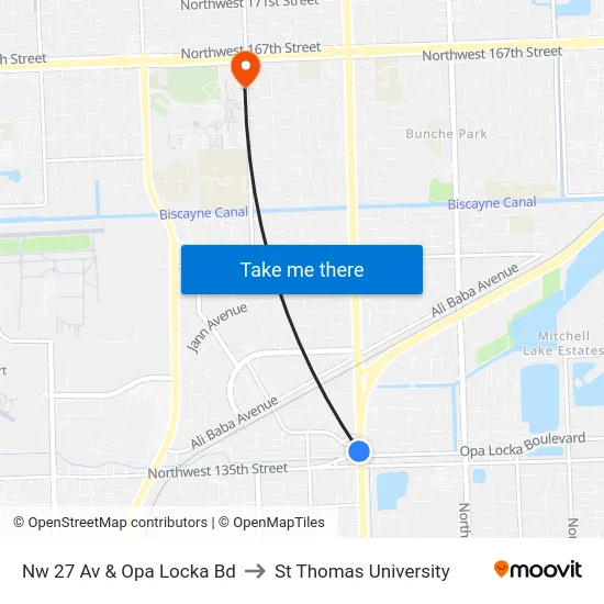 Nw 27 Av & Opa Locka Bd to St Thomas University map