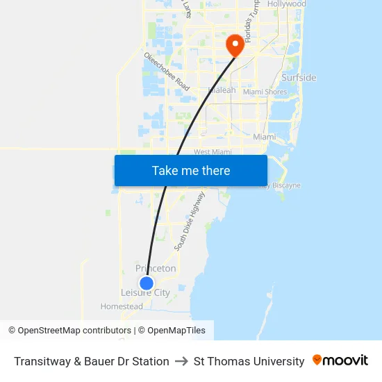 Transitway & Bauer Dr Station to St Thomas University map