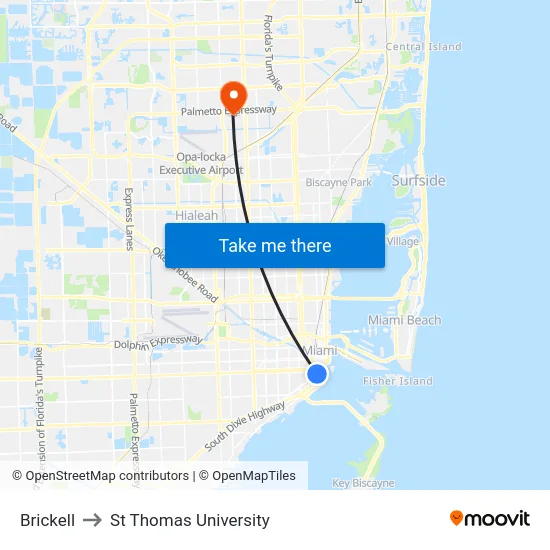 Brickell to St Thomas University map