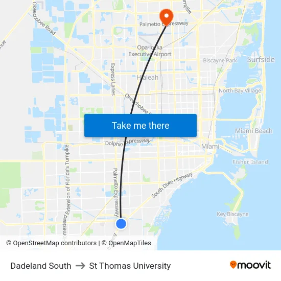 Dadeland South to St Thomas University map