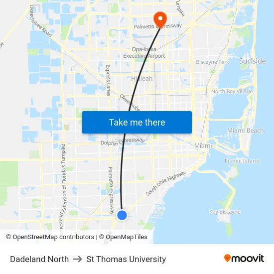 Dadeland North to St Thomas University map