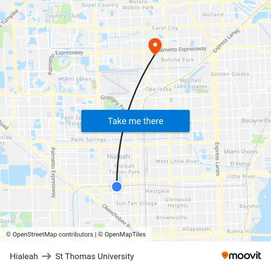 Hialeah to St Thomas University map