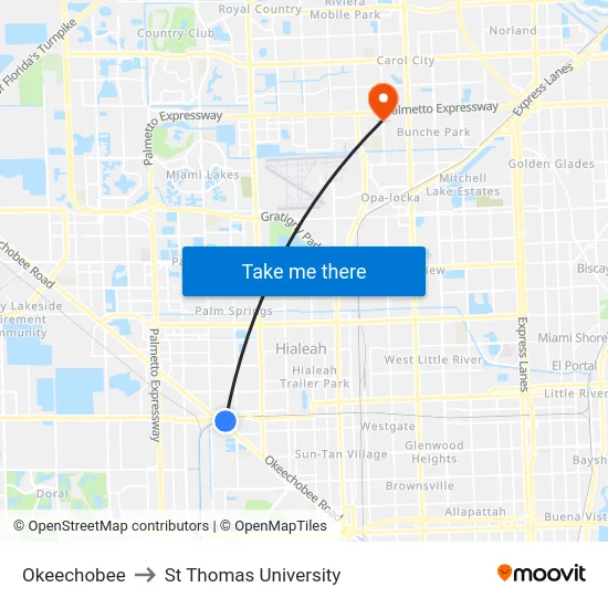 Okeechobee to St Thomas University map