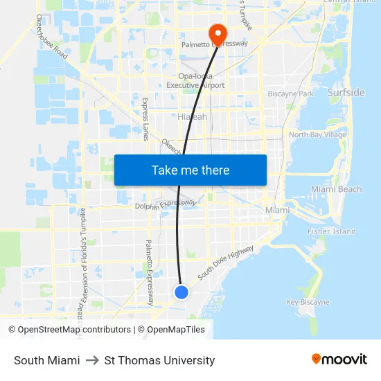 South Miami to St Thomas University map