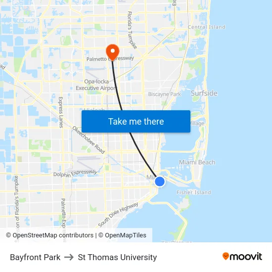 Bayfront Park to St Thomas University map