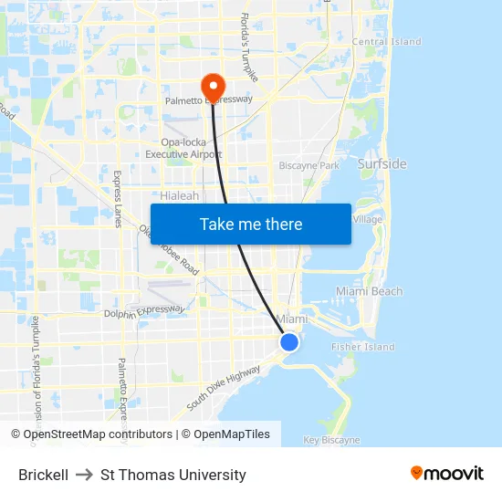 Brickell to St Thomas University map