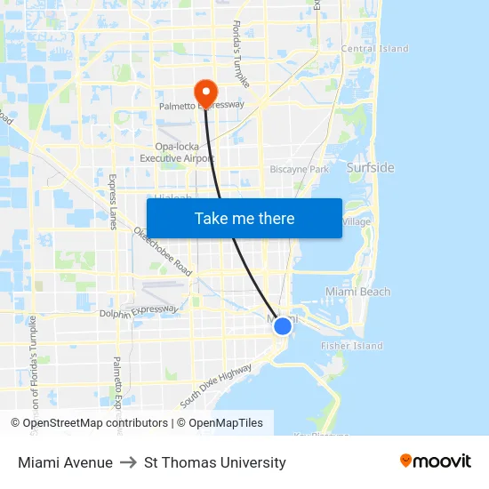 Miami Avenue to St Thomas University map