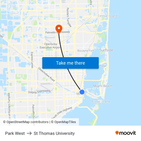 Park West to St Thomas University map
