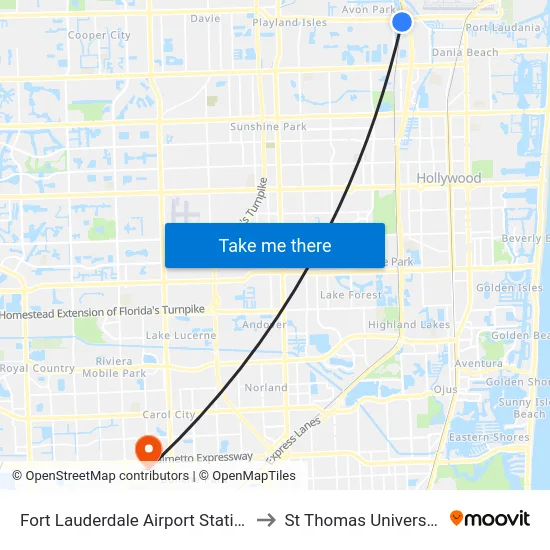 Fort Lauderdale Airport Station to St Thomas University map