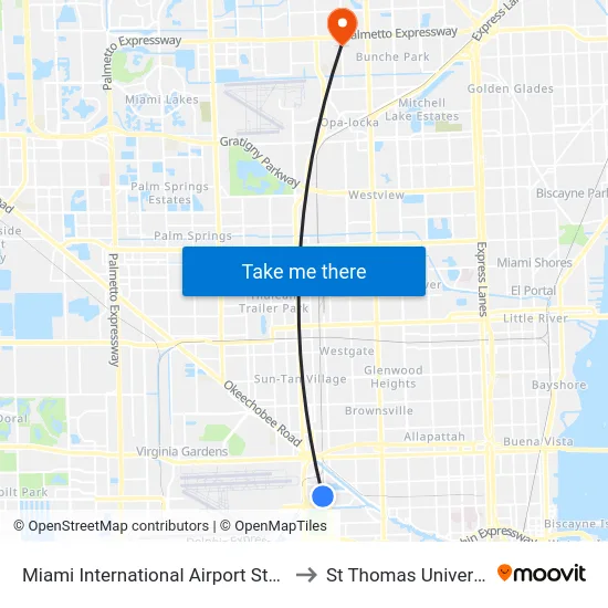 Miami International Airport Station to St Thomas University map