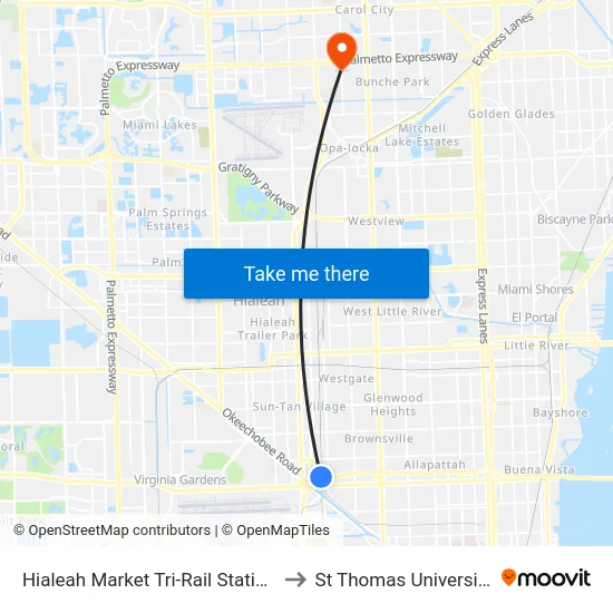 Hialeah Market Tri-Rail Station to St Thomas University map