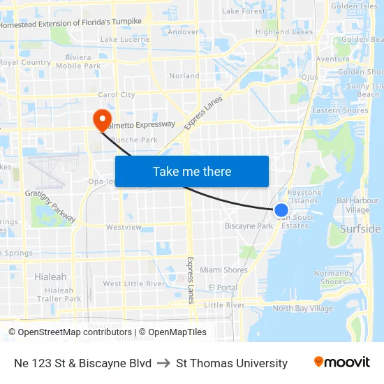 Ne 123 St & Biscayne Blvd to St Thomas University map