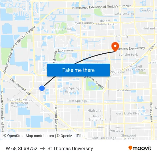 W 68 St #8752 to St Thomas University map