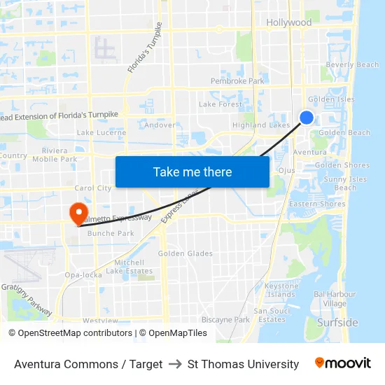 Aventura Commons / Target to St Thomas University map