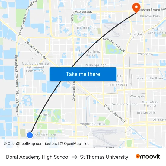 Doral Academy High School to St Thomas University map