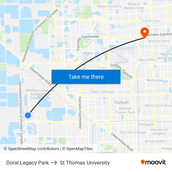 Doral Legacy Park to St Thomas University map