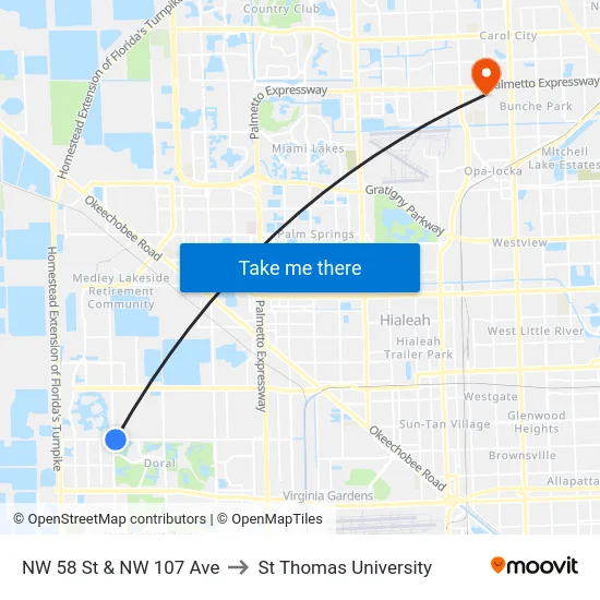 NW 58 St & NW 107 Ave to St Thomas University map