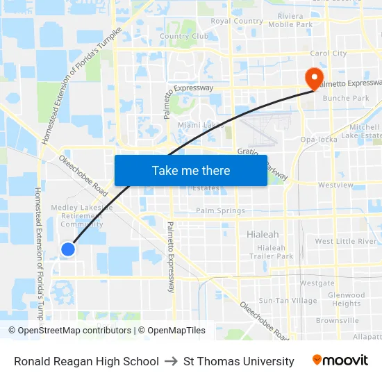 Ronald Reagan High School to St Thomas University map