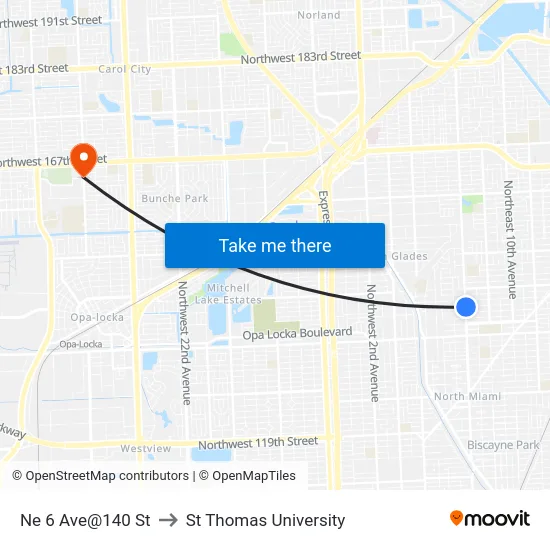 Ne 6 Ave@140 St to St Thomas University map