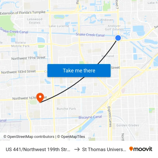 US 441/Northwest 199th Street to St Thomas University map