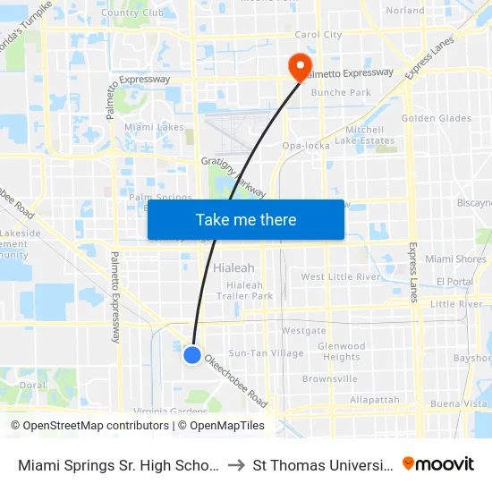 Miami Springs Sr. High School to St Thomas University map