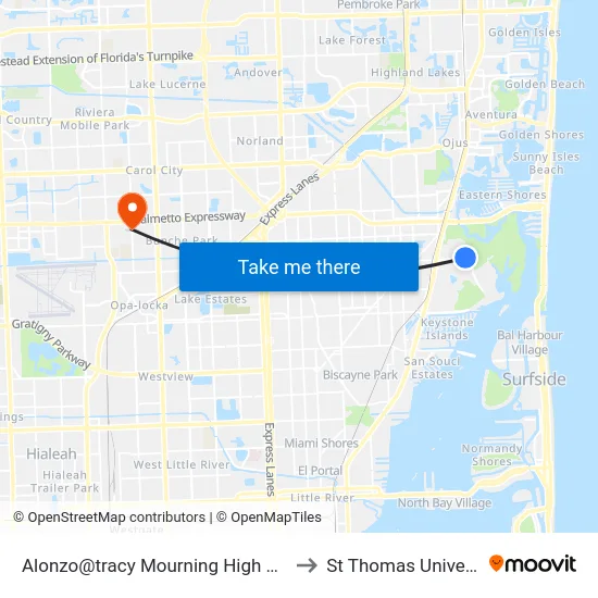 Alonzo@tracy Mourning High School to St Thomas University map