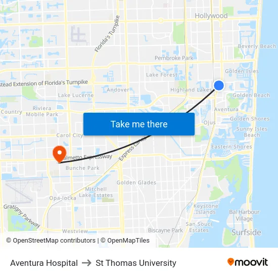 Aventura Hospital to St Thomas University map
