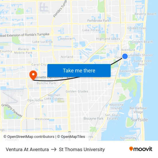 Ventura At Aventura to St Thomas University map