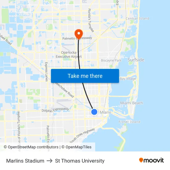 Marlins Stadium to St Thomas University map