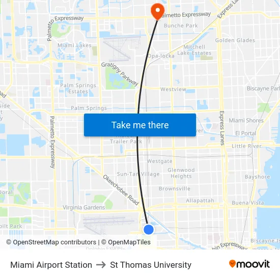 Miami Airport Station to St Thomas University map