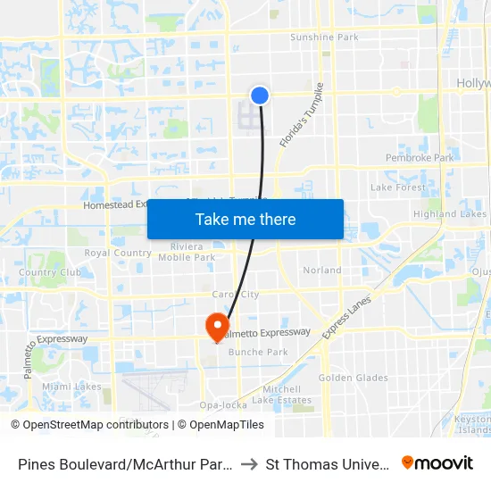 Pines Boulevard/McArthur Parkway to St Thomas University map