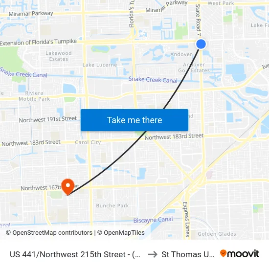 US 441/Northwest 215th Street - (County Line Road) to St Thomas University map