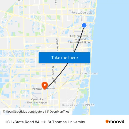 US 1/State Road 84 to St Thomas University map