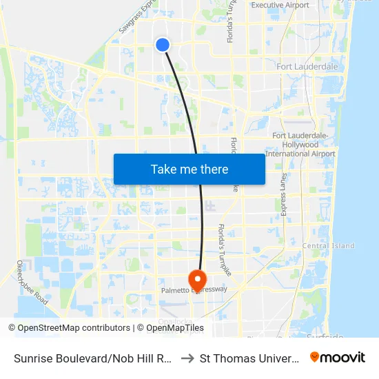 Sunrise Boulevard/Nob Hill Road to St Thomas University map