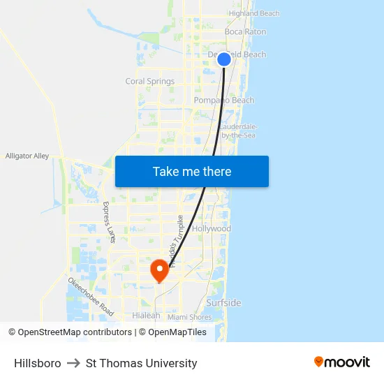 Hillsboro to St Thomas University map