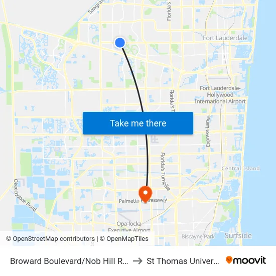 Broward Boulevard/Nob Hill Road to St Thomas University map