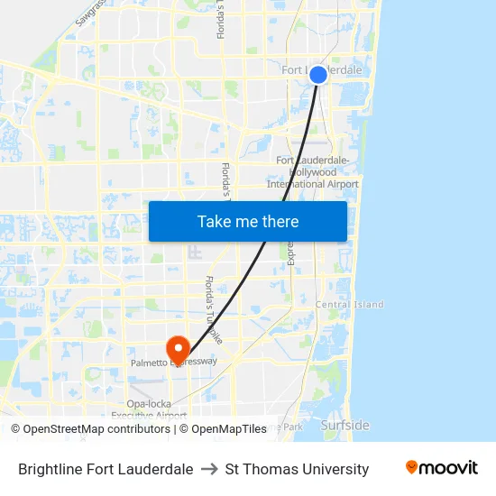 Brightline Fort Lauderdale to St Thomas University map