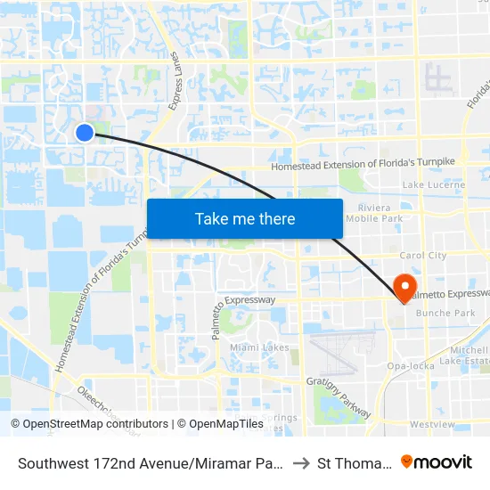 Southwest 172nd Avenue/Miramar Parkway -(Miramar Regional Park P&R) to St Thomas University map