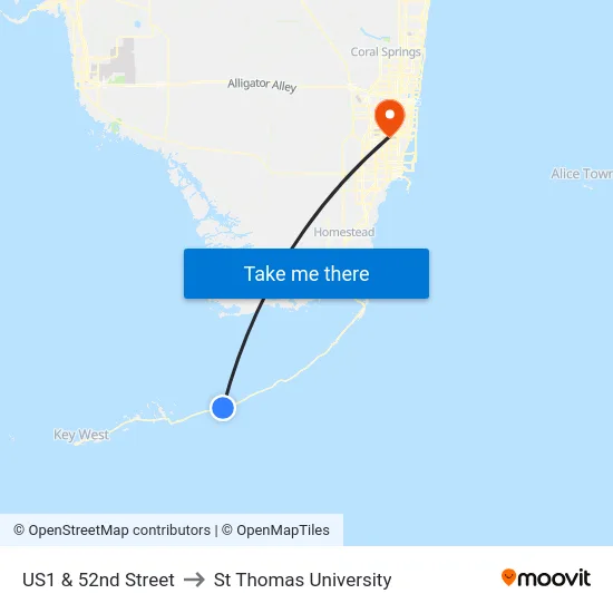 US1 & 52nd Street to St Thomas University map