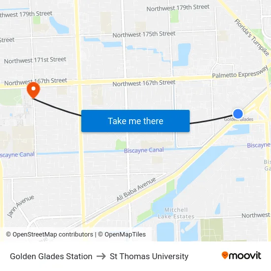 Golden Glades Station to St Thomas University map