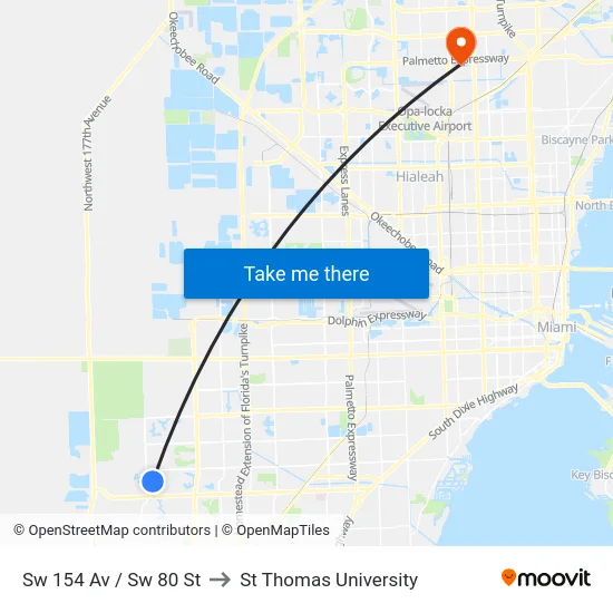 Sw 154 Av / Sw 80 St to St Thomas University map
