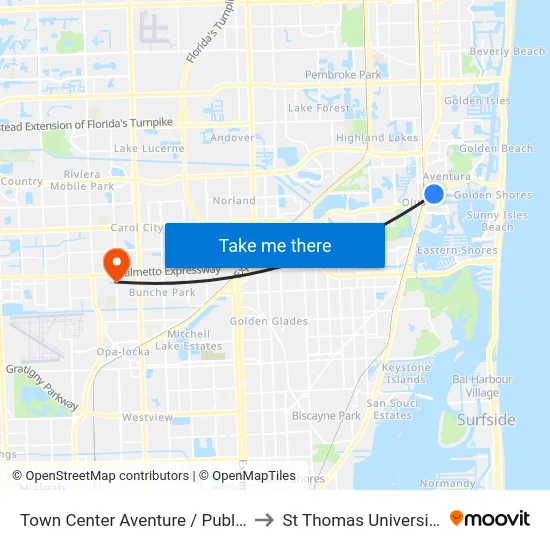 Town Center Aventure / Publix to St Thomas University map