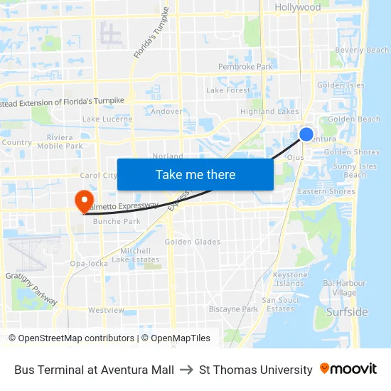 Bus Terminal at Aventura Mall to St Thomas University map