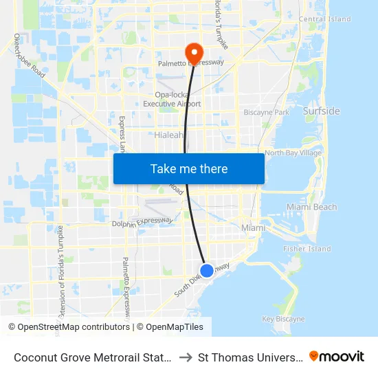 Coconut Grove Metrorail Station to St Thomas University map