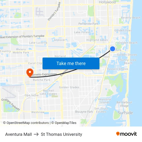 Aventura Mall to St Thomas University map
