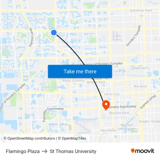 Flamingo Plaza to St Thomas University map