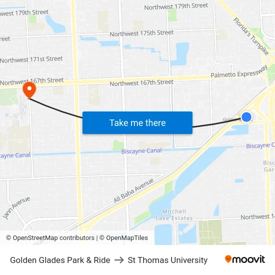 Golden Glades Park & Ride to St Thomas University map