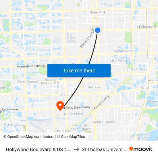 Hollywood Boulevard & US 441 to St Thomas University map