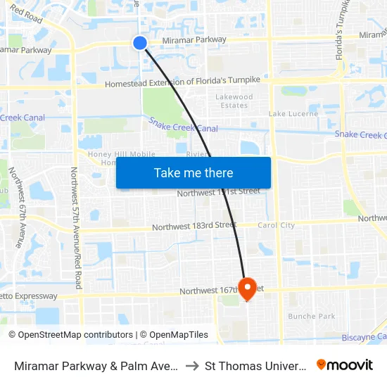 Miramar Parkway & Palm Avenue to St Thomas University map