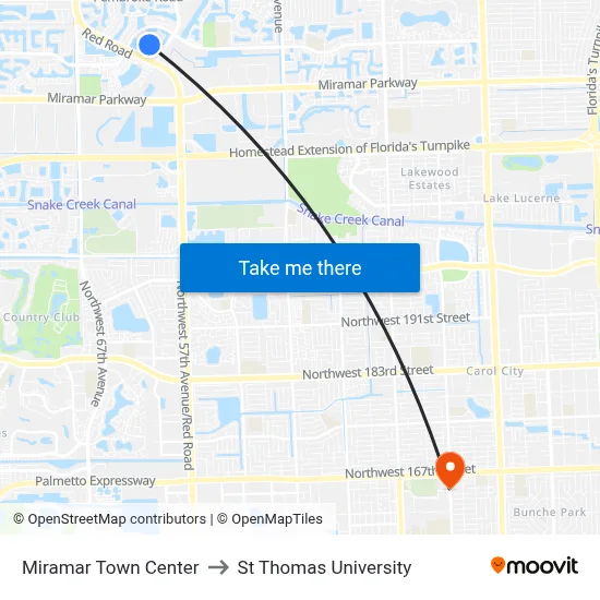 Miramar Town Center to St Thomas University map